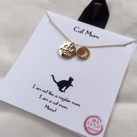 NWT 18k Gold Dipped Double Medallion Charm CAT MOM Necklace / Cat Jewelry - Picture 1 of 7